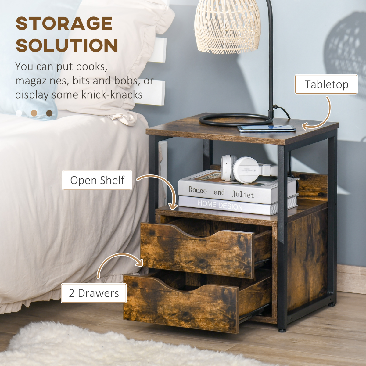 HOMCOM End Table Bedside Desk Slim Storage Cabinet with Shelf Rustic Brown