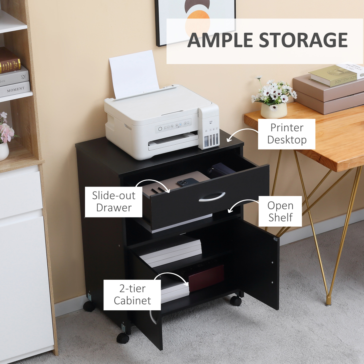 Mobile Printer Stand w/ Storage Shelf Universal Wheels for Home Black Vinsetto
