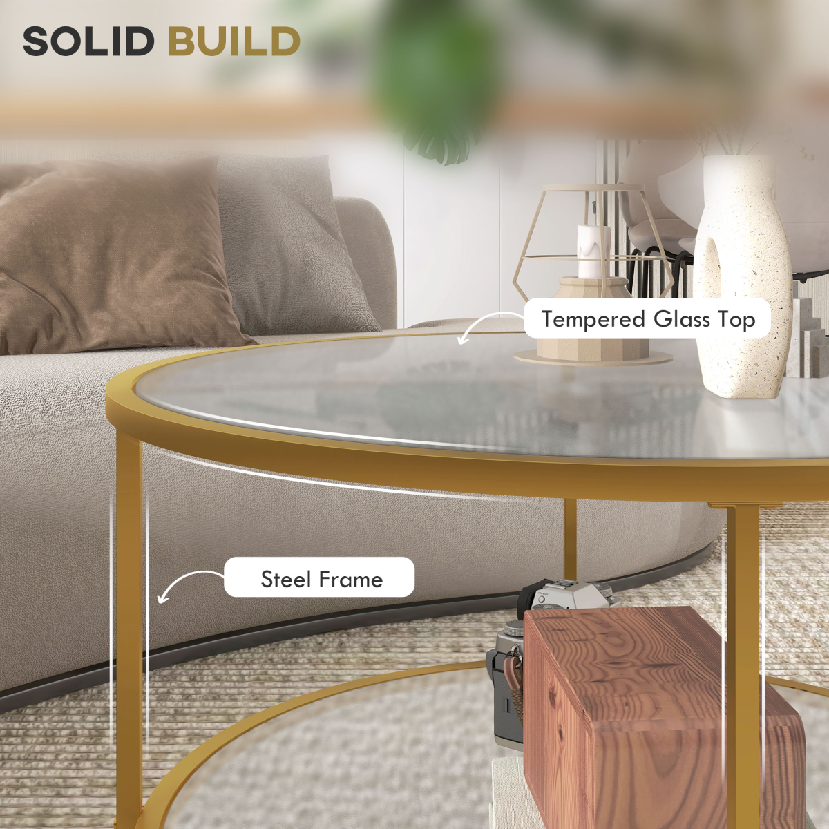 HOMCOM Round Coffee Table with Storage Shelf and Tempered Glass Top, Gold