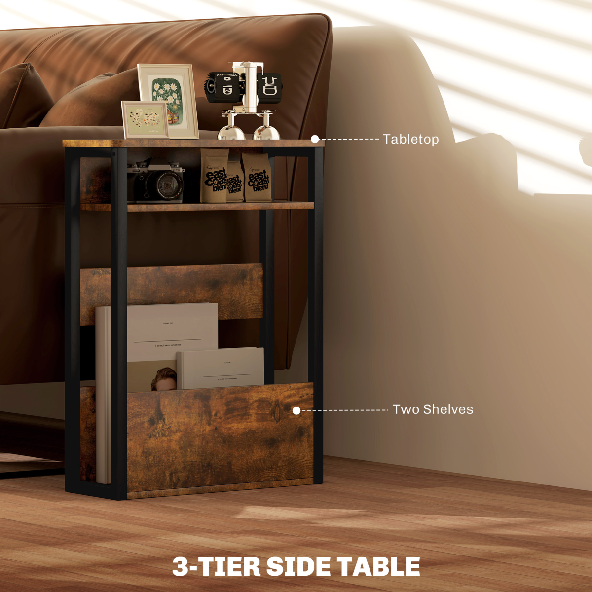 HOMCOM Narrow Side Table with Storage, Bedside End Table, Rustic Brown