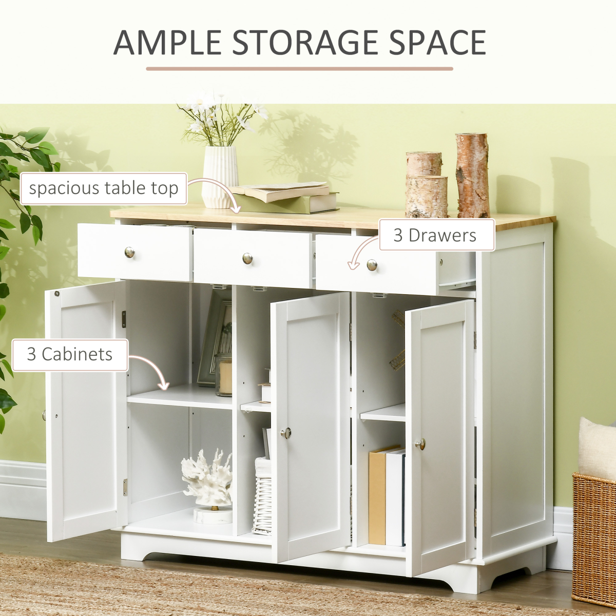 Sideboard with Rubberwood Top, Buffet Drawers and Adjustable Shelves White