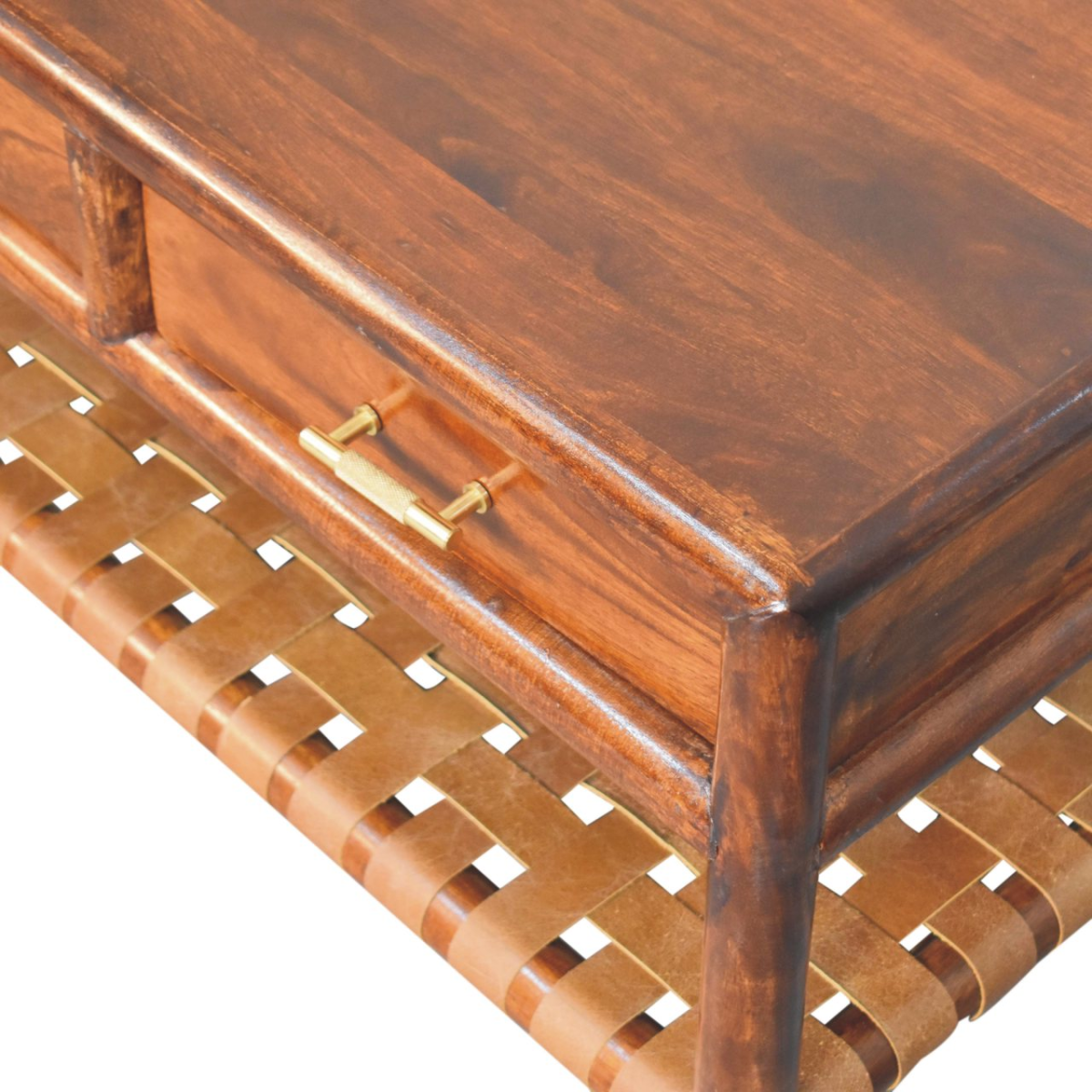 Artisan Furniture Solid Wood Regency Woven Console Table with 4 drawers, 1 Shelf, Dark Brown