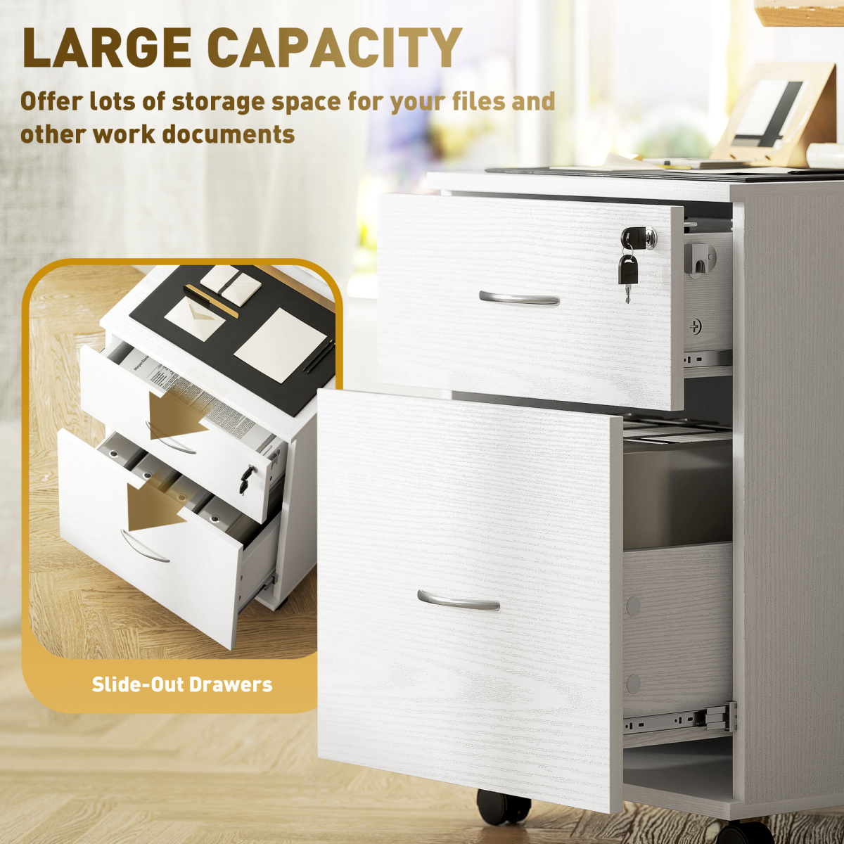 HOMCOM Pedestal Office Mobile Filing Cabinet 2 Drawer White
