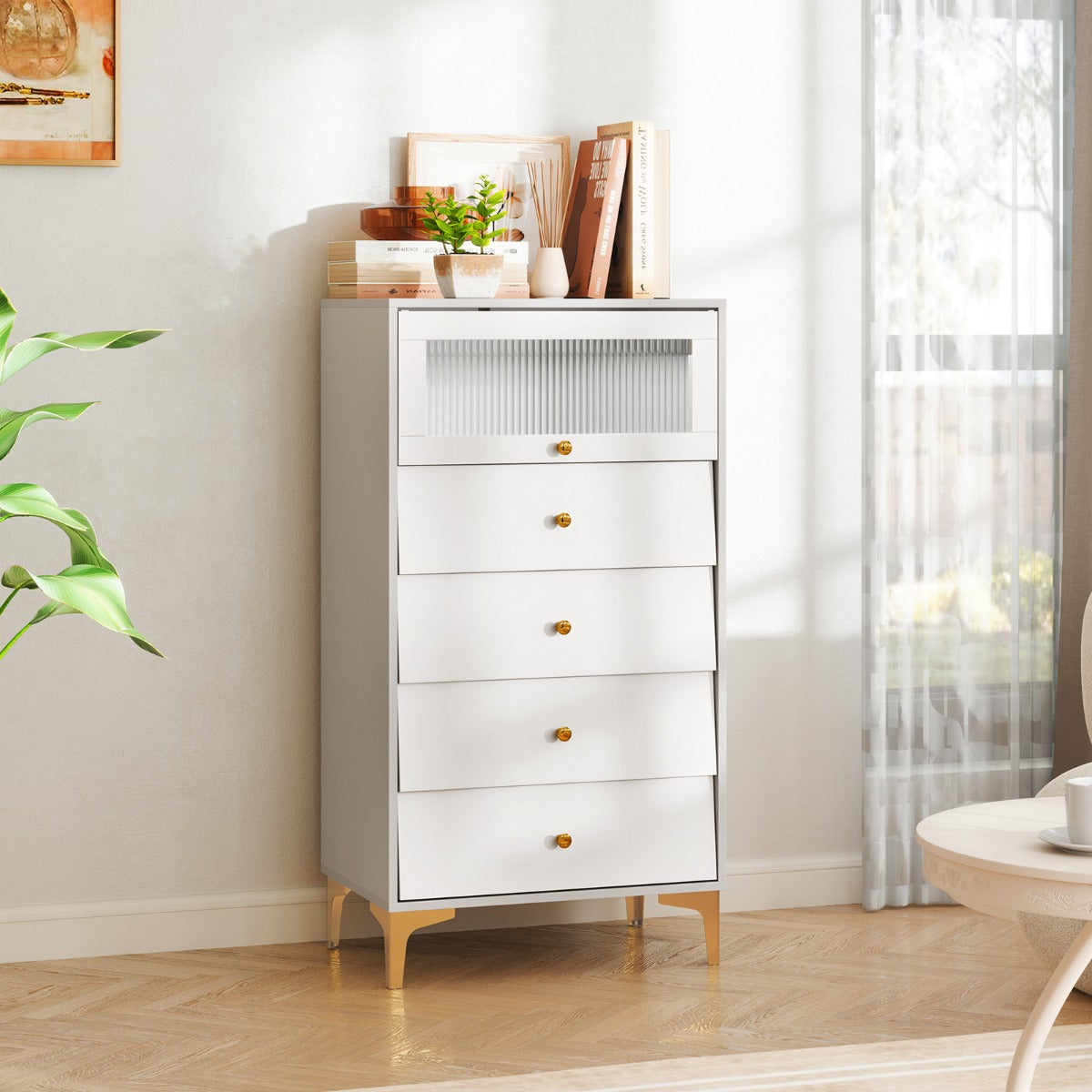 3/4 Drawer Dresser Cabinet with Flip Up Fluted Glass Door-3 Drawers