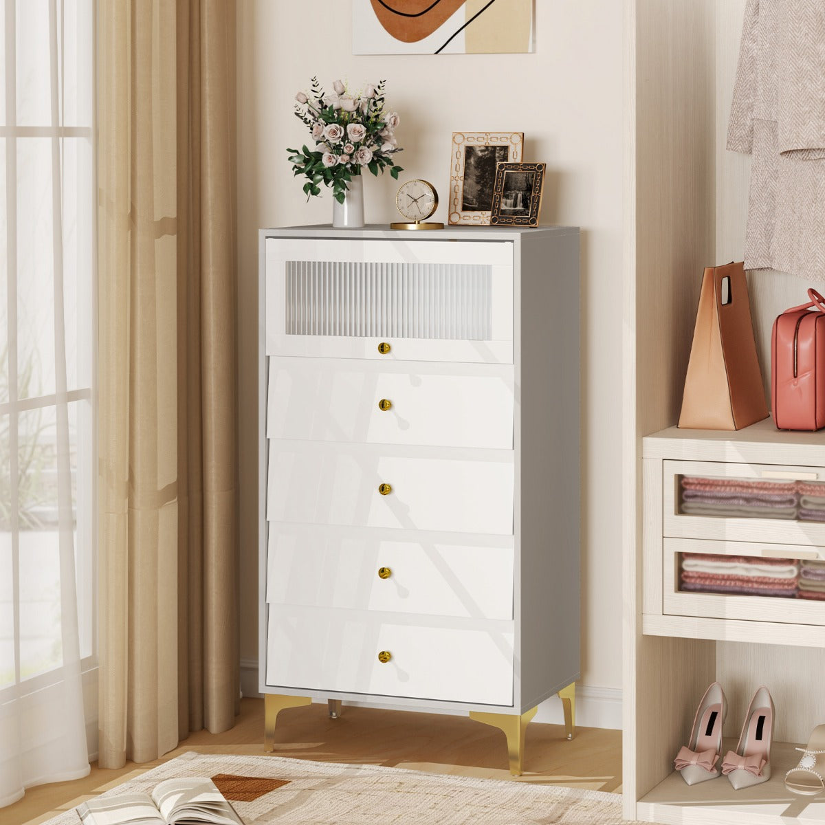 3/4 Drawer Dresser Cabinet with Flip Up Fluted Glass Door-3 Drawers