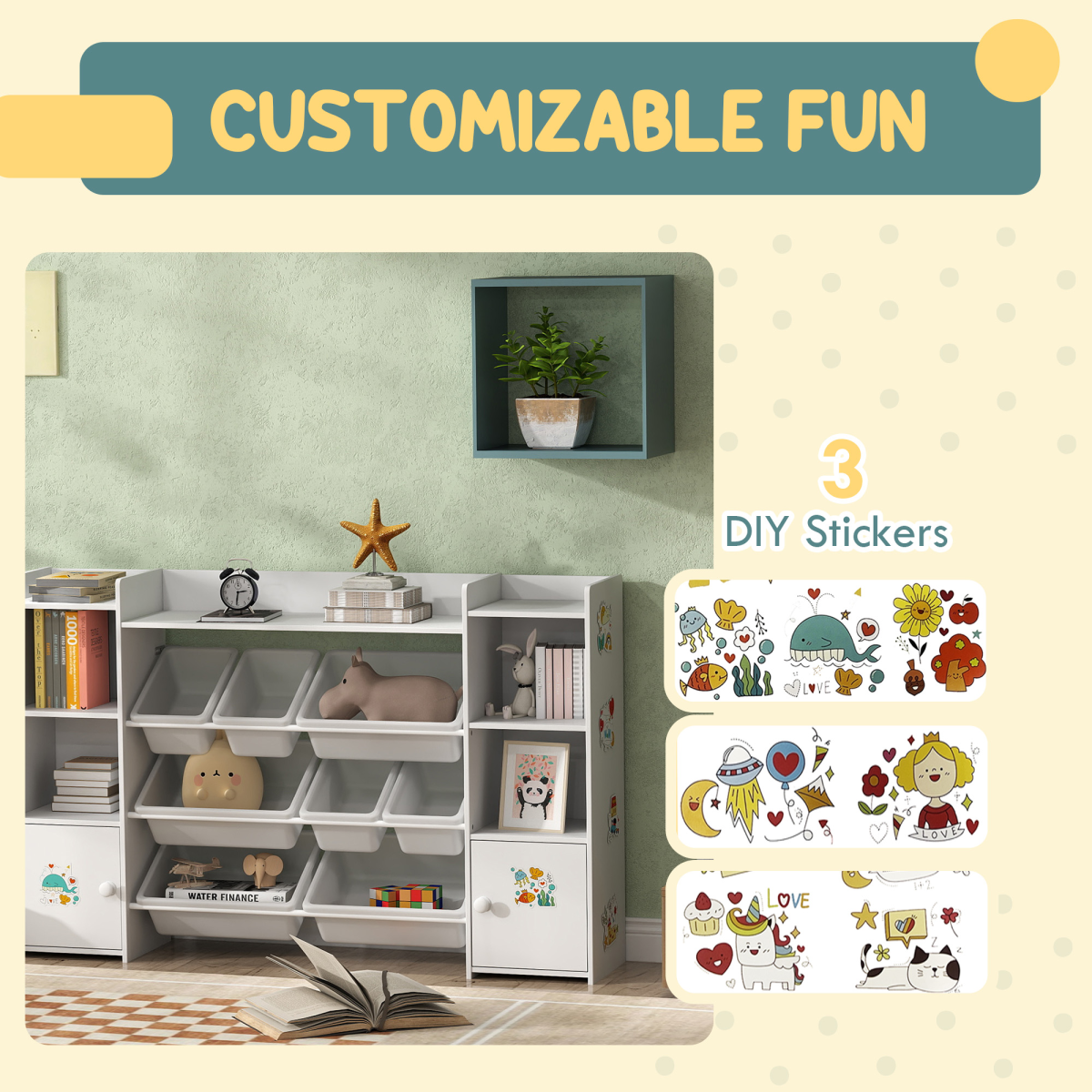 AIYAPLAY Kids Toy Storage Organiser with 8 Removable Storage Bins, White