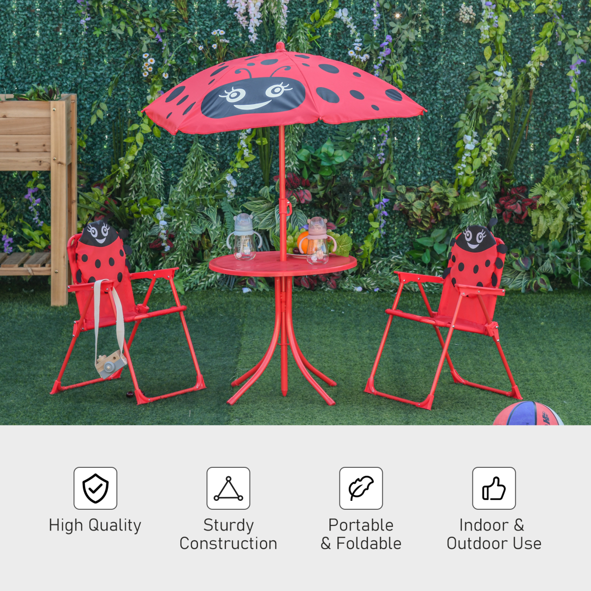 Kids Folding Picnic Table Chair Set Ladybug Pattern Outdoor