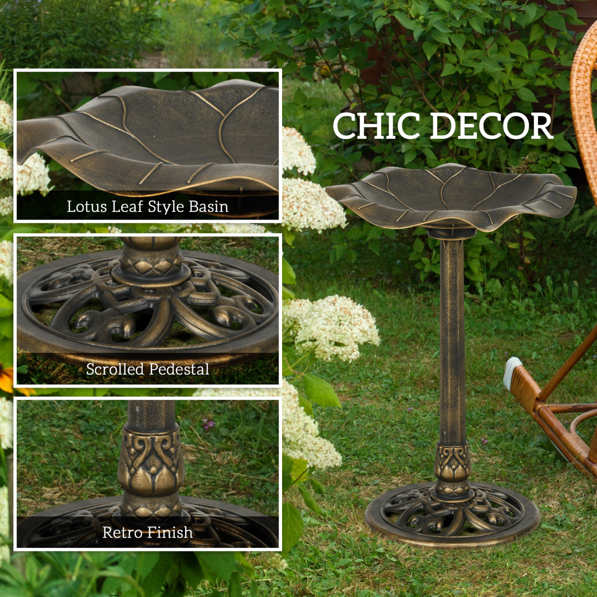 Outsunny Bird Bath for Garden, Birdbath with Lotus Leaf Basin, Bronze Tone
