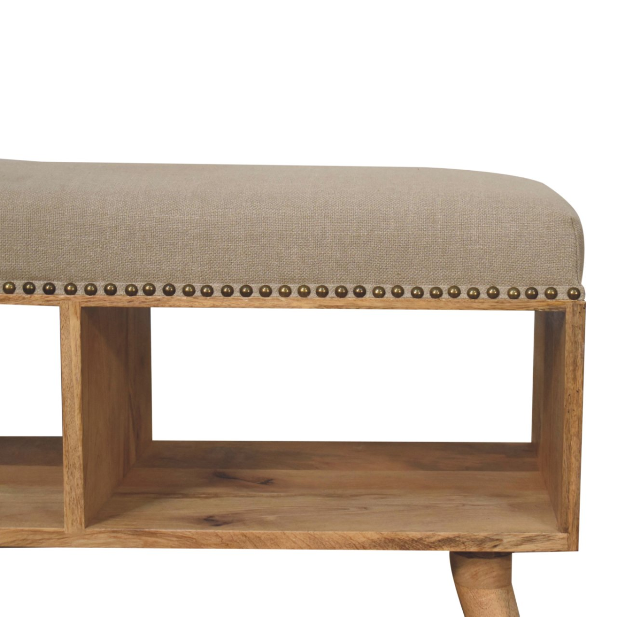 Artisan Furniture Solid Wood Studded Linen Open Bench, Upholstered, 2 Open Slots, Beige