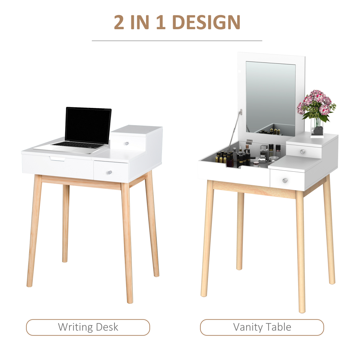 Dressing Table Desk Flip-up Mirror 2 Drawers Bedroom Makeup White HOMCOM
