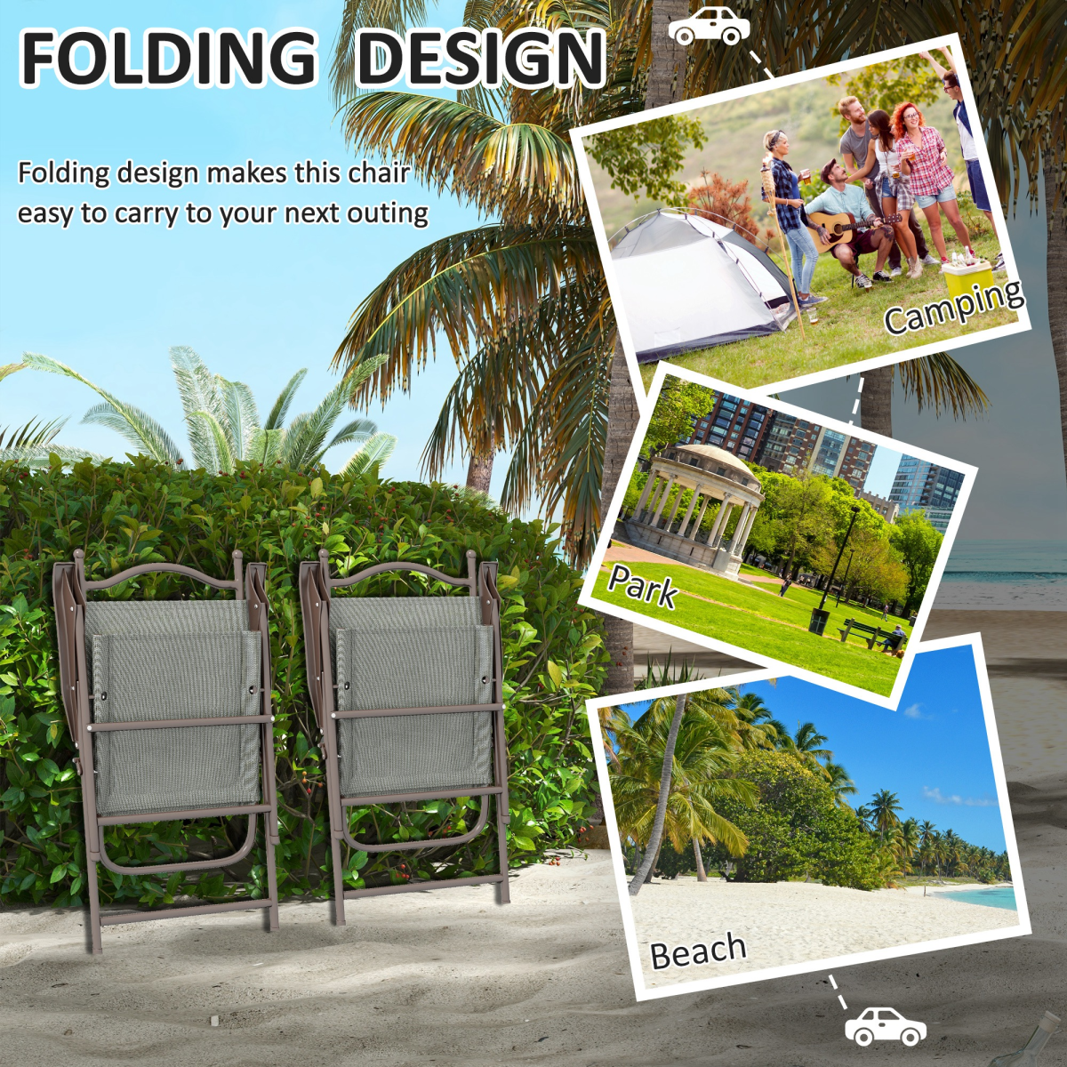 Outsunny Folding Chairs Set with Armrest, Breathable Mesh Fabric Seat, Dark Grey