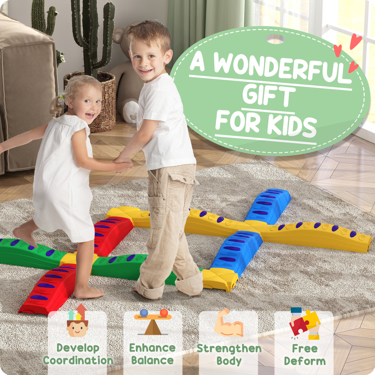 AIYAPLAY 12PCs Kids Balance Beam Stepping Stones with Non-Slip Foot Pads