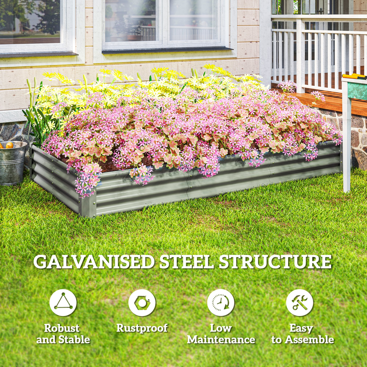 Outsunny Galvanised Raised Garden Bed, 240x120x30cm Raised Bed, Silver