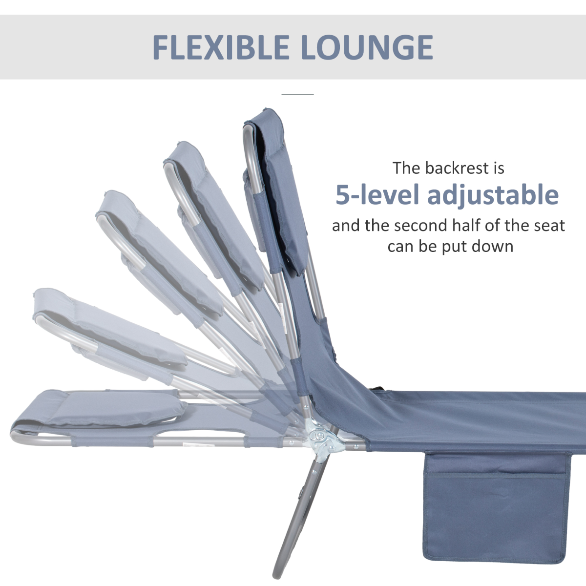 Outsunny Beach Chaise Lounge Portable Adjustable Backrest with Face Cavity Grey
