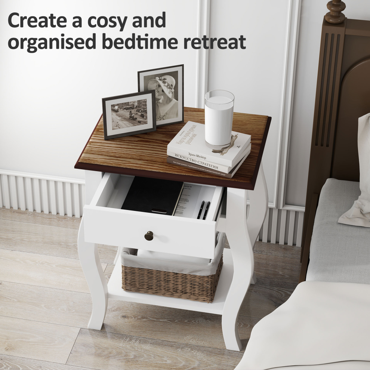 HOMCOM Bedside Tables Set of 2, Bedside Cabinets with Drawer, Shelf, White