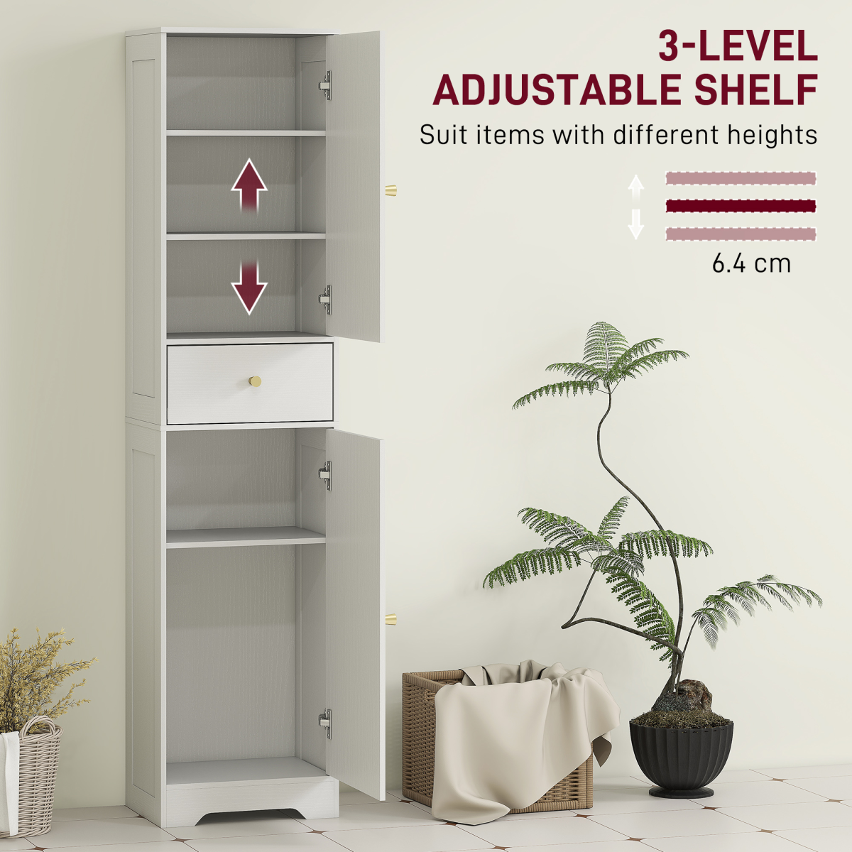 HOMCOM Tall Bathroom Storage Cabinet with Arch Doors Adjustable Shelf White