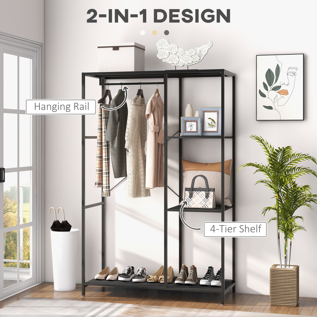 HOMCOM Coat Rack Stand with Hanging Rail and Storage Shelves for Hallway Black