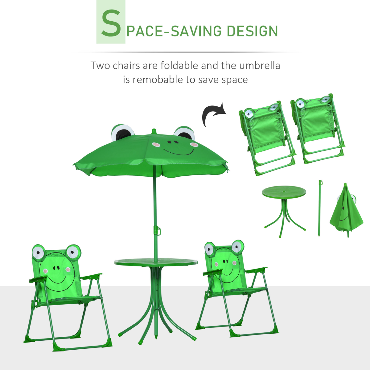 Foldable Patio Kids Metal Picnic Table w/ Frog Umbrella Green 4-piece