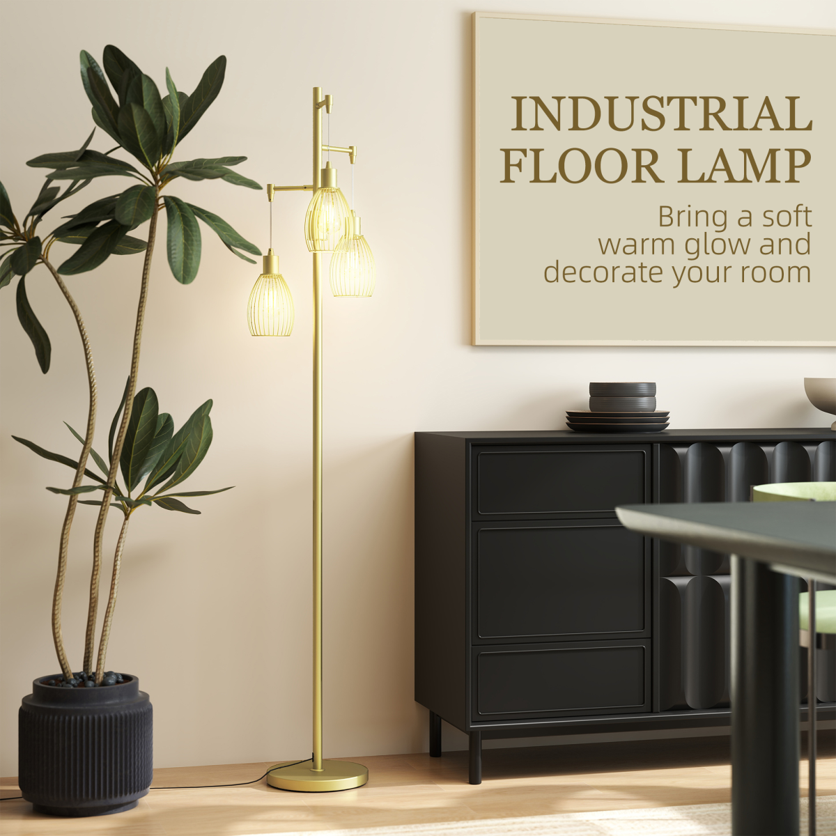 HOMCOM Industrial 3-Light Floor Lamp Dimmable Standing Lamp, Gold