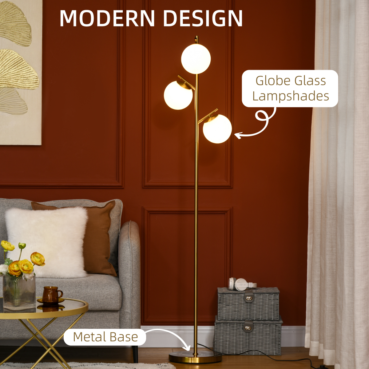 HOMCOM Modern Tree Floor Lamp with 3 Light, for Living Room Bedroom, Gold