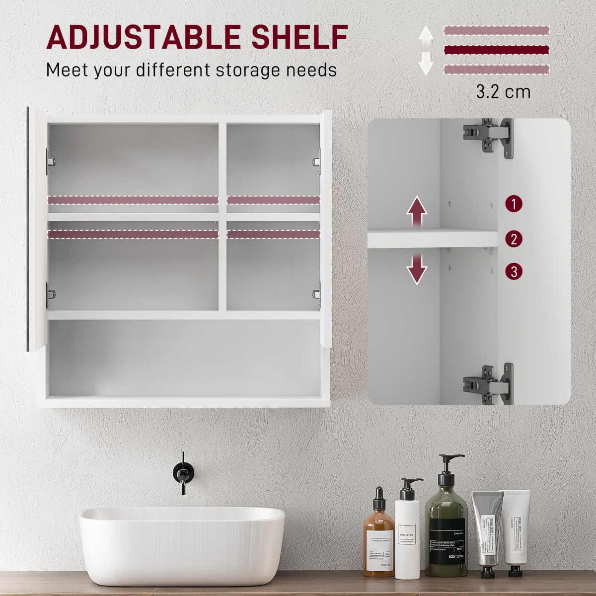 kleankin Wall Mounted Bathroom Storage Cupboard W/ Mirror and Shelf, White