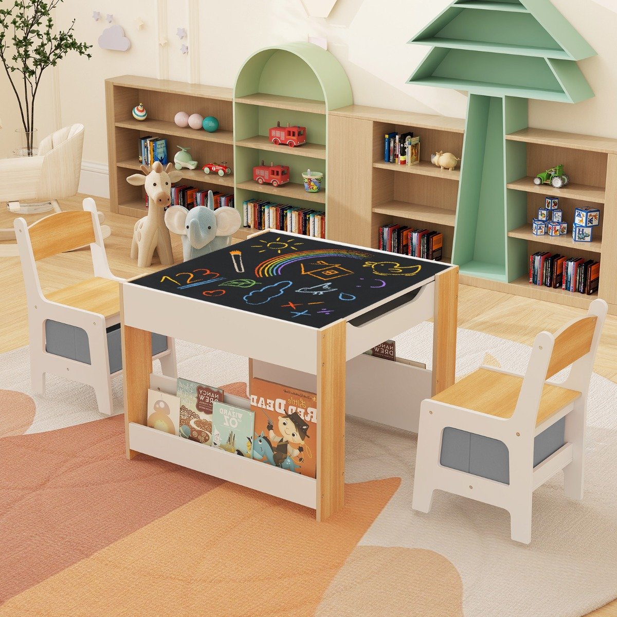 4 in 1 Kids Table and Chairs Set with Reversible Tabletop and Bookshelves-Grey