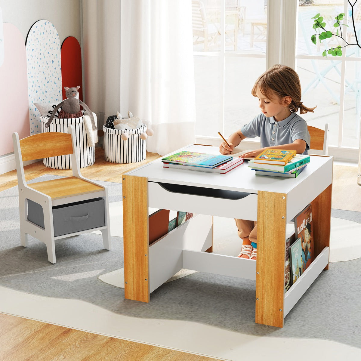 4 in 1 Kids Table and Chairs Set with Reversible Tabletop and Bookshelves-Grey