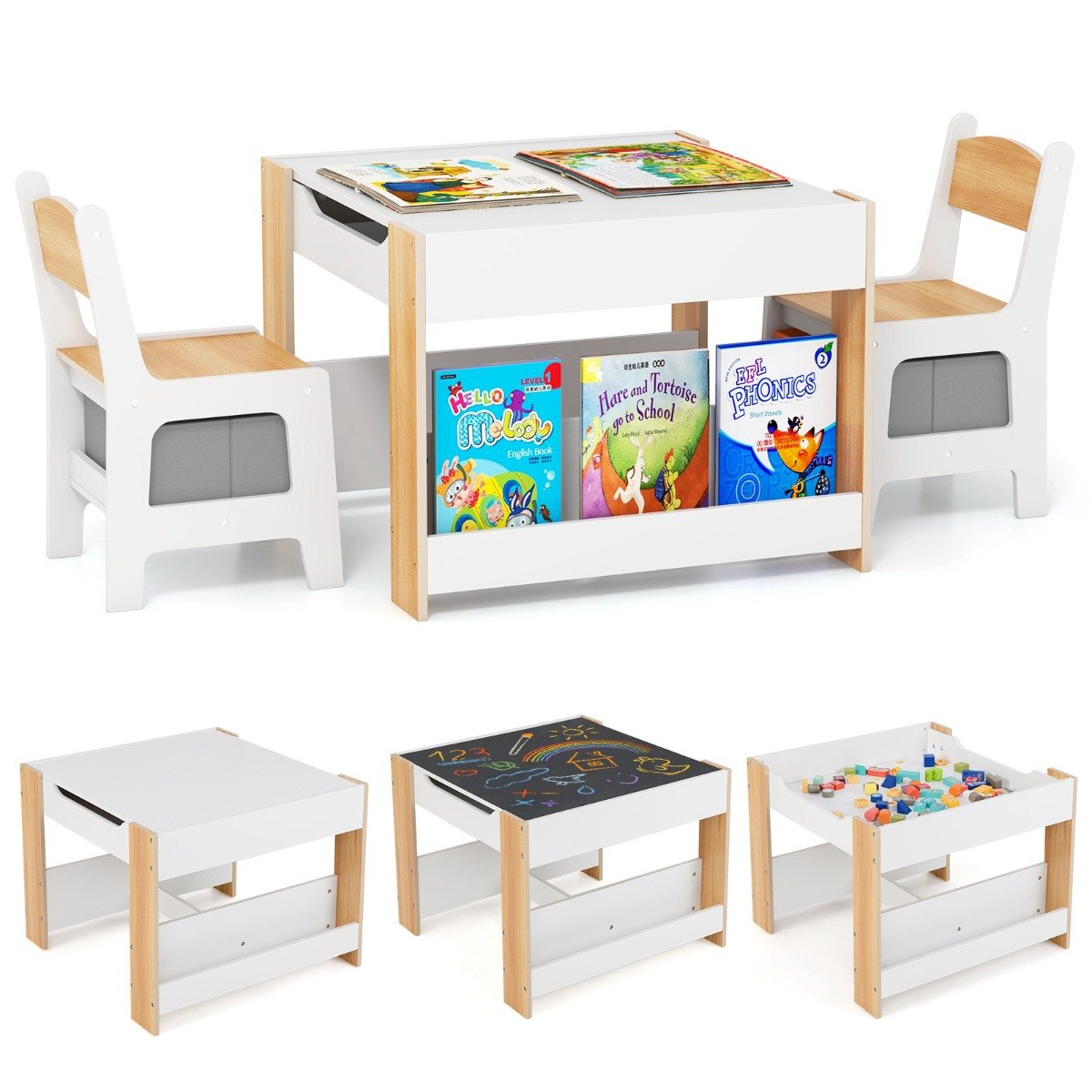 4 in 1 Kids Table and Chairs Set with Reversible Tabletop and Bookshelves-Grey