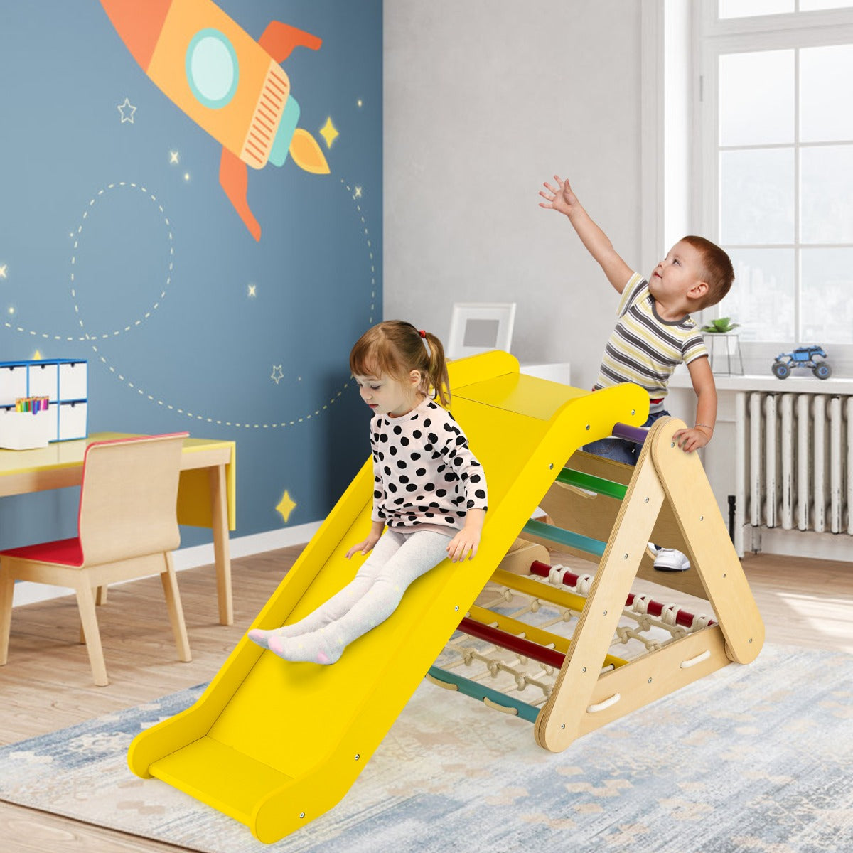 4 in 1 Toddler Wooden Triangle Climber with Ramp and Sliding Board-Grey