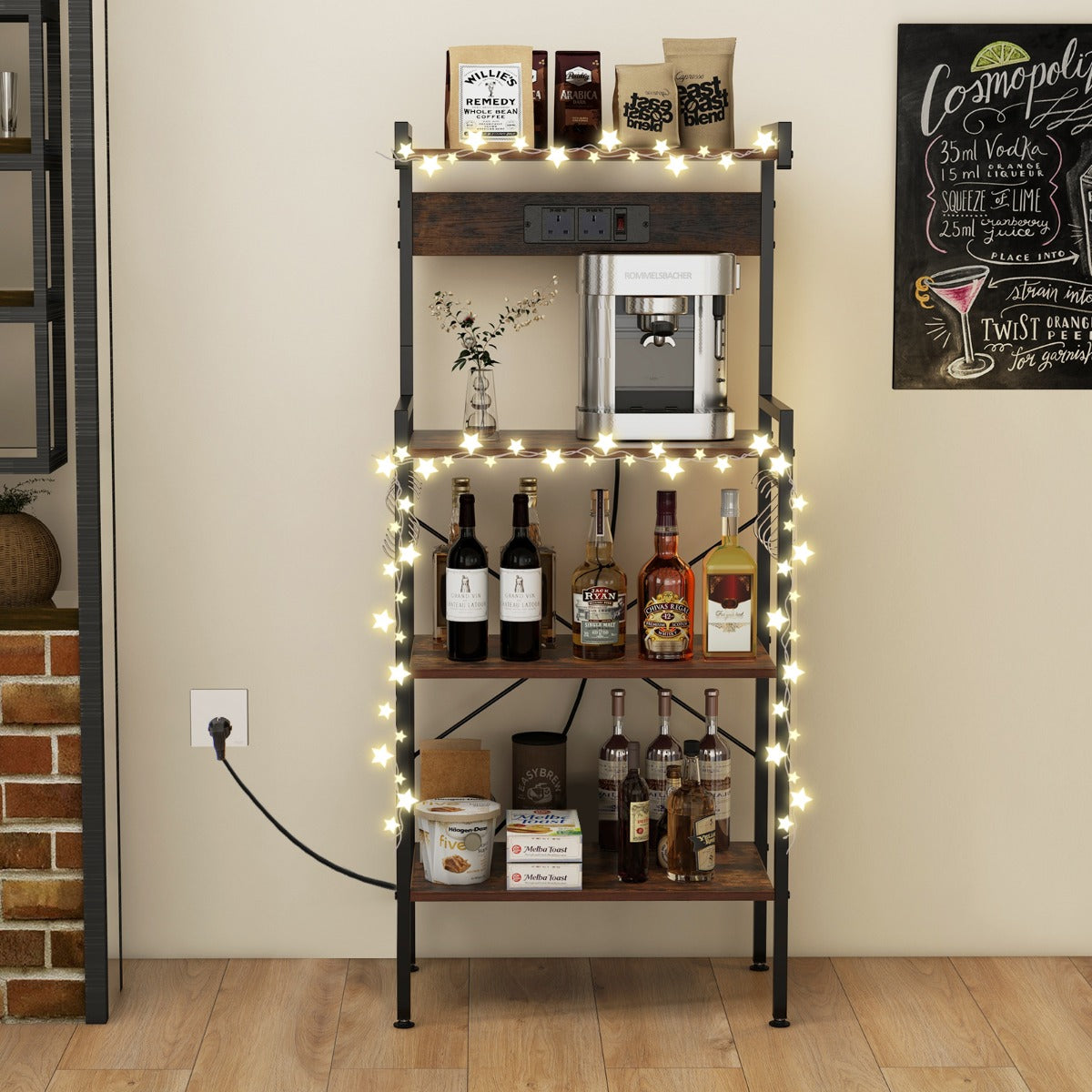 4-Tier Kitchen Bakers Rack with Power Outlet and 8 S-Hooks-Rustic Brown