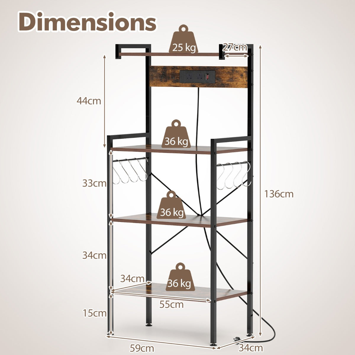 4-Tier Kitchen Bakers Rack with Power Outlet and 8 S-Hooks-Rustic Brown