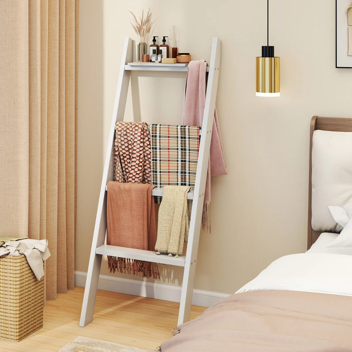 4-Tier Wooden Blanket Ladder 137 cm Wall Leaning Quilt Holder for Storage and Display-White