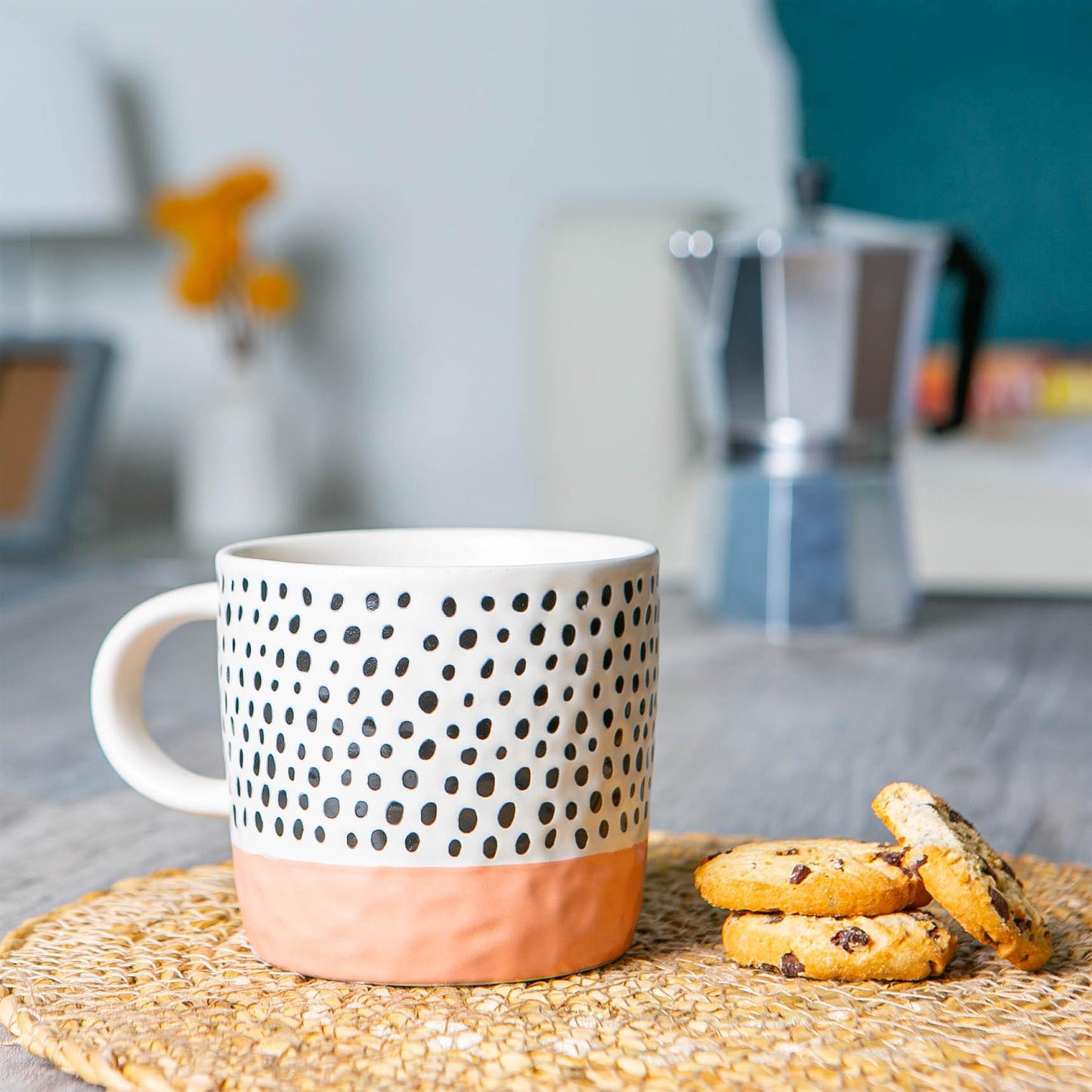 385ml Pink Colour Block Spot Portuguese Stoneware Coffee Mug