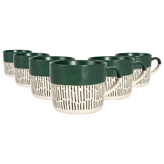 450ml Green Colour Block Dash Stoneware Coffee Mugs - Pack of Six
