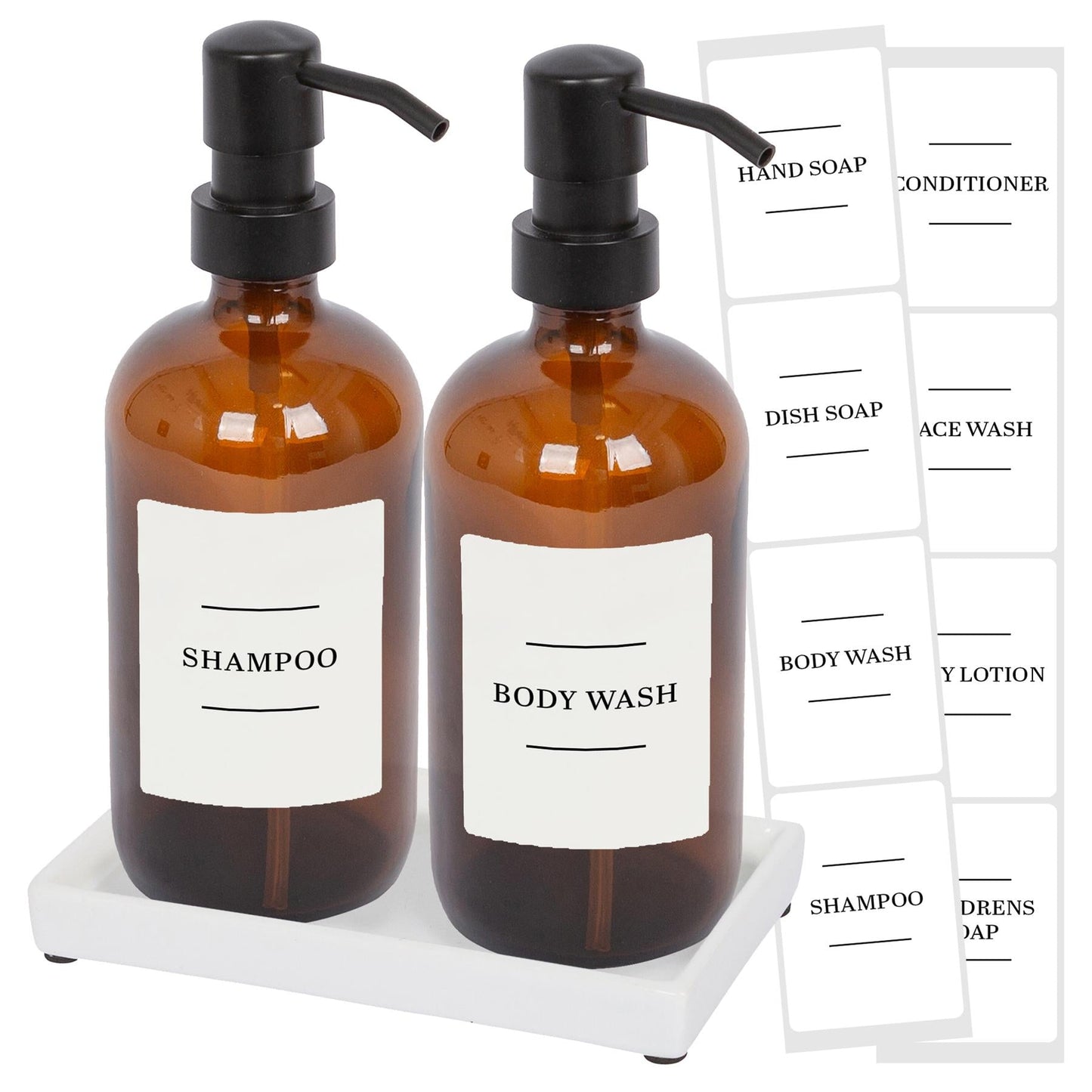 2pc 500ml Amber Glass Soap Dispenser with White Labels & Ceramic Tray