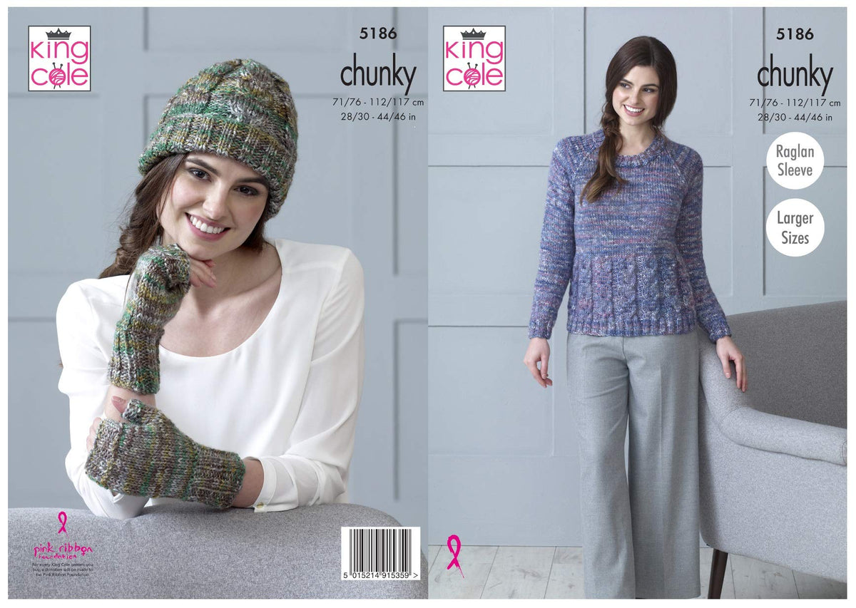 King Cole 5186 Knitting Pattern Womens Sweater Hat and Fingerless Mitts in Shadow Chunky