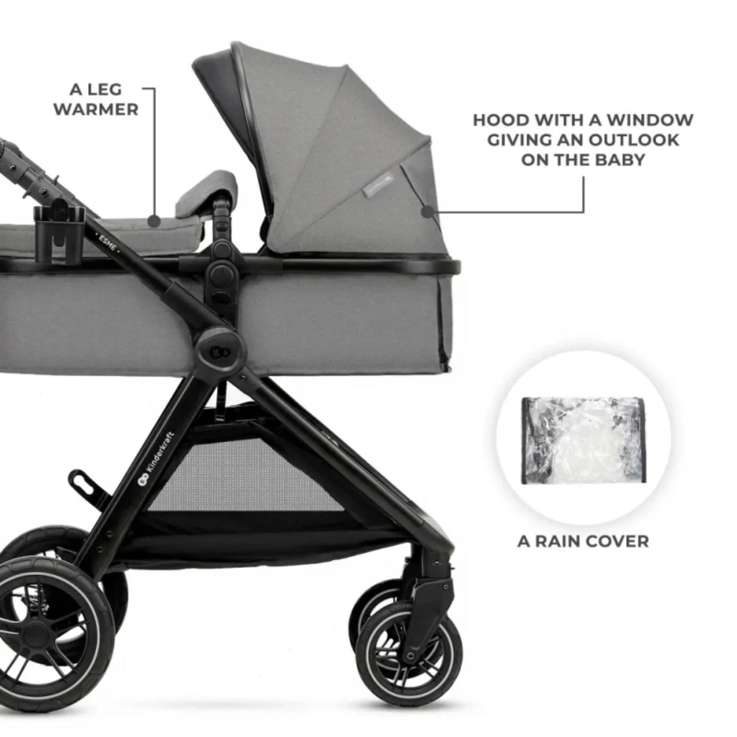 Kinderkraft Esme Pro 3-in-1 Travel System with Mink Pro Car Seat - Moonlight Grey