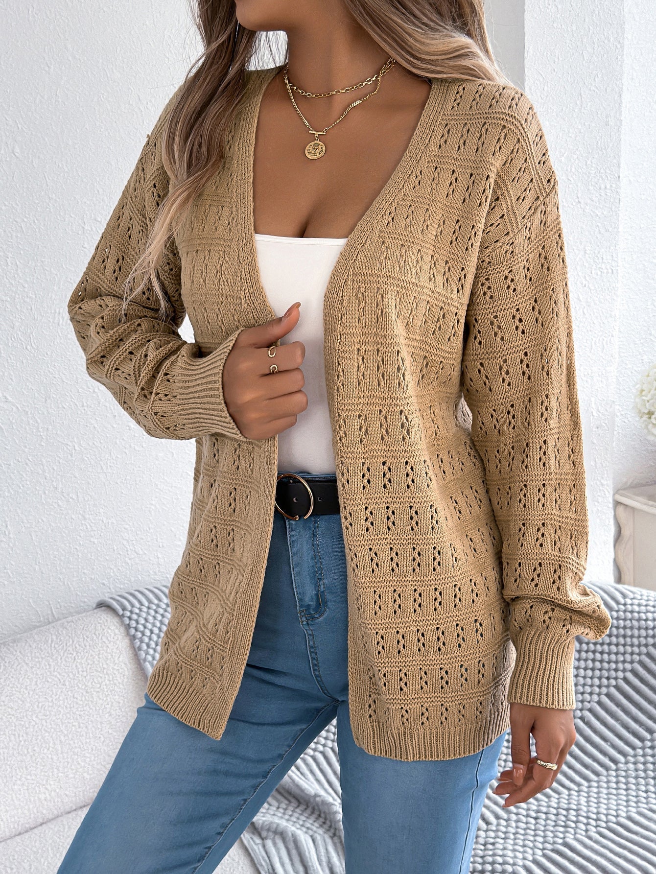 Women Solid Color Hollow Out Lantern Sleeve Long Sleeve Cardigan Sweater Coat
