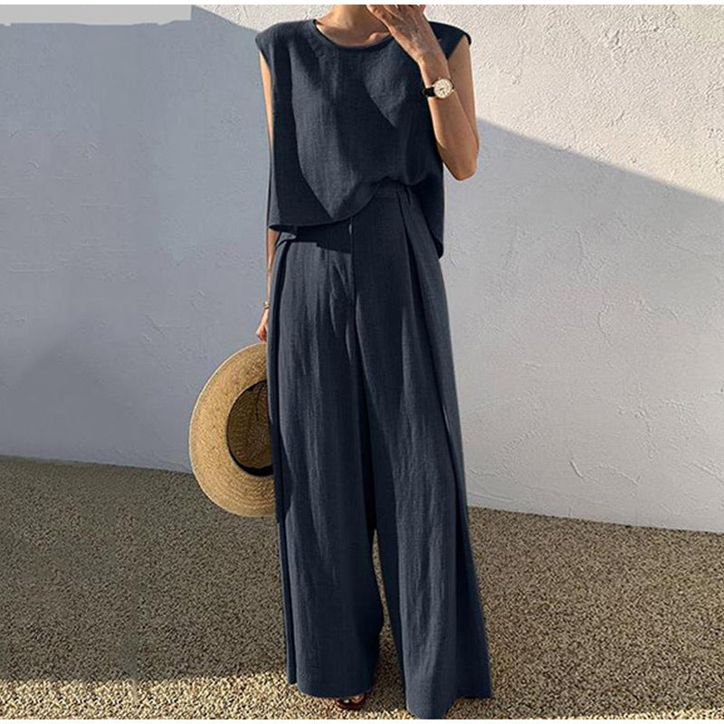 Cotton And Linen Casual Sleeveless Top Wide Leg Pants Two-piece Set