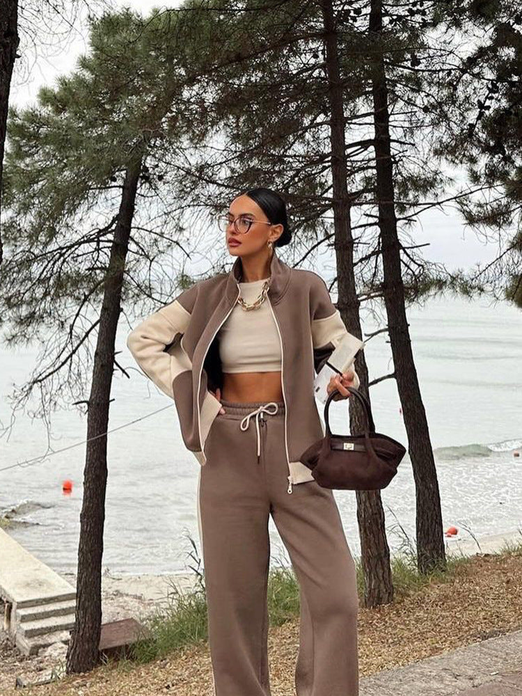 Casual Retro Contrast Color Long Sleeves Zipper Coat And Trousers Two-piece Set