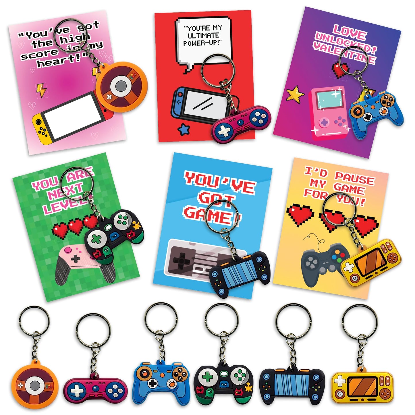 4E's Novelty 30-Pack Video Game Valentines Cards with Gamer Keychain – Classroom Bulk Valentines for Kids