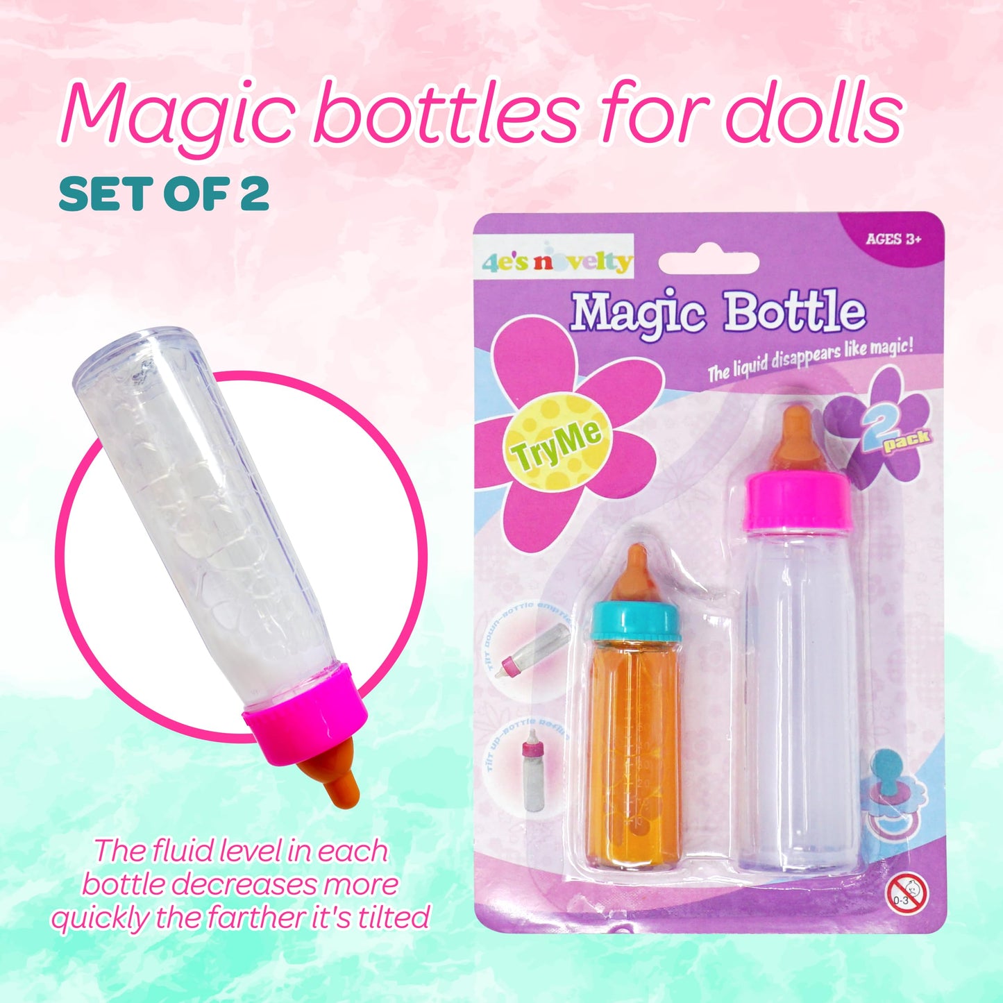 4E's Novelty 2 Pack Baby Doll Bottles – Magic Disappearing Milk & Juice Accessories