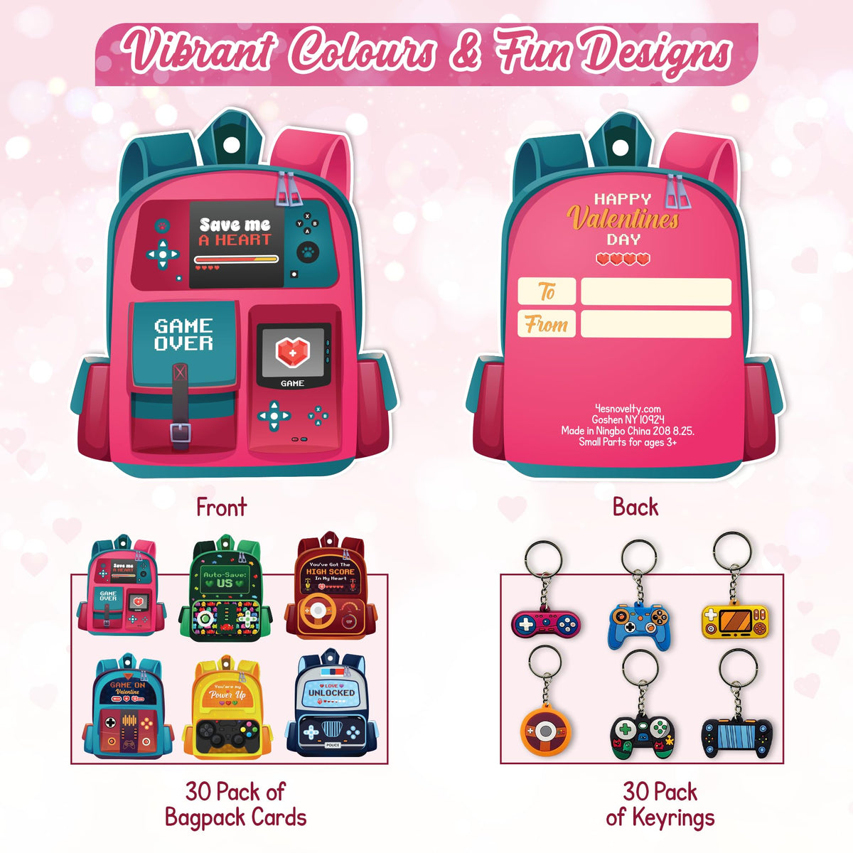 4E's Novelty 30 Pack Video Game Valentines Cards with Gamer Keychain | Classroom Valentines Bulk