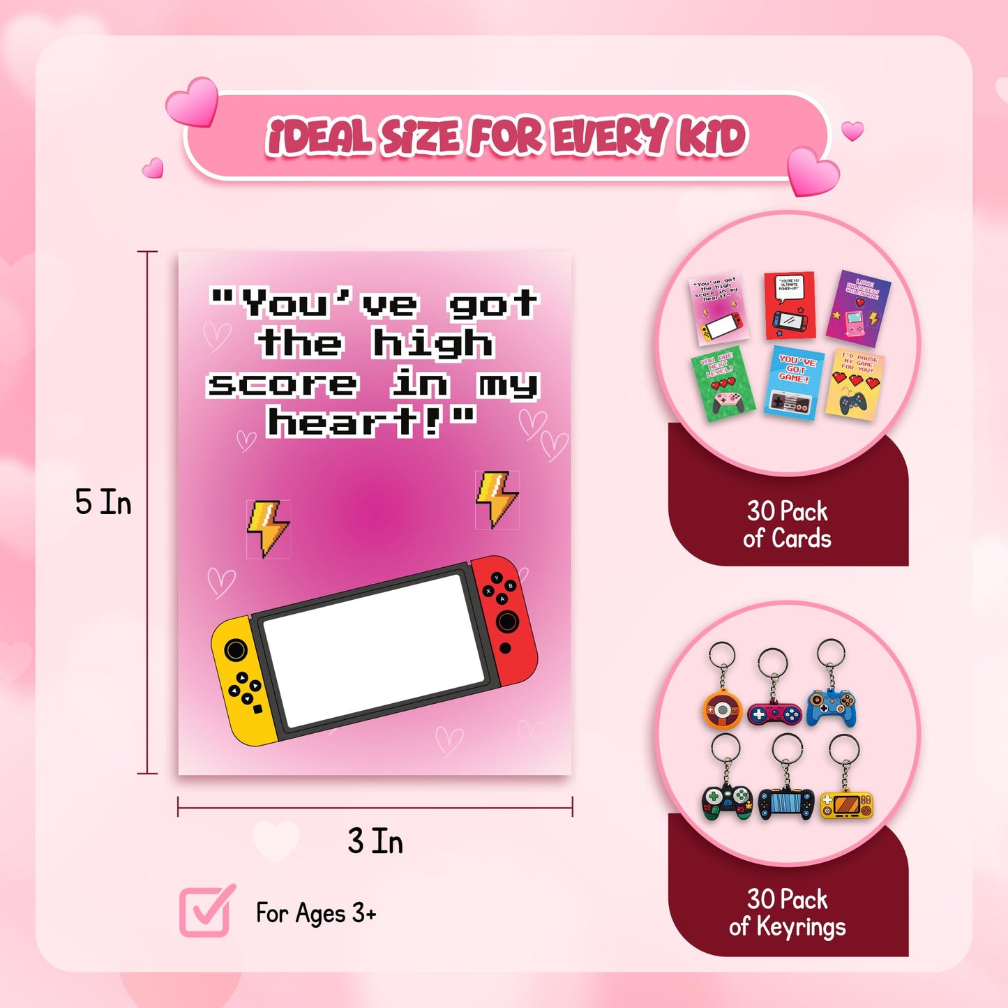 4E's Novelty 30-Pack Video Game Valentines Cards with Gamer Keychain – Classroom Bulk Valentines for Kids