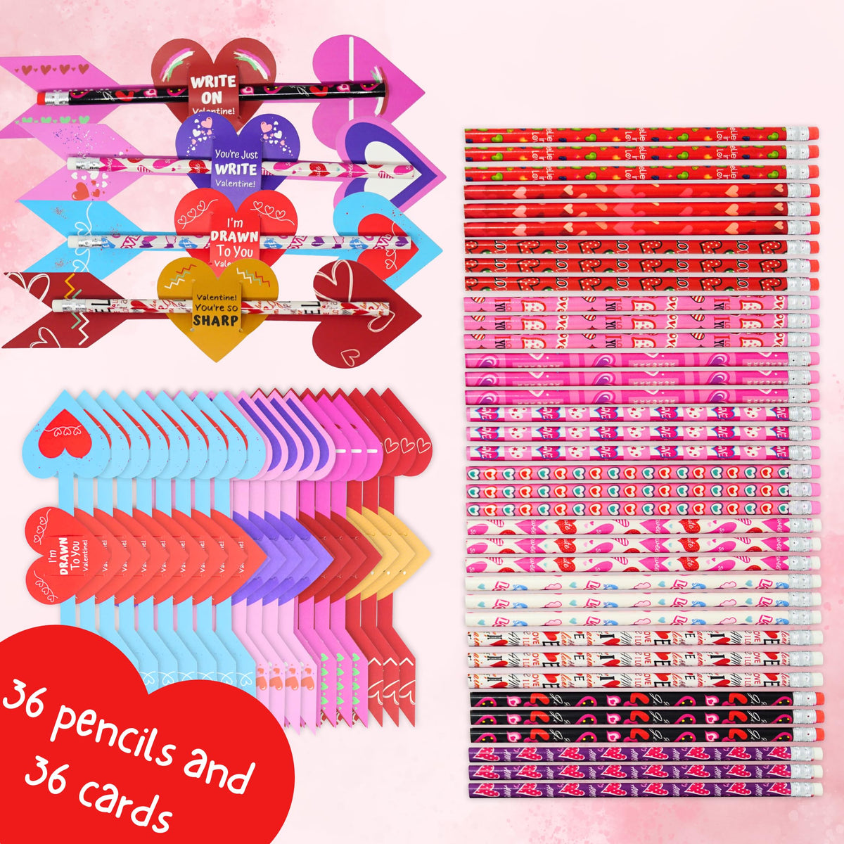 4E's Novelty 36 Pack Valentines Day Cards & Pencils for Kids - Cupid Design