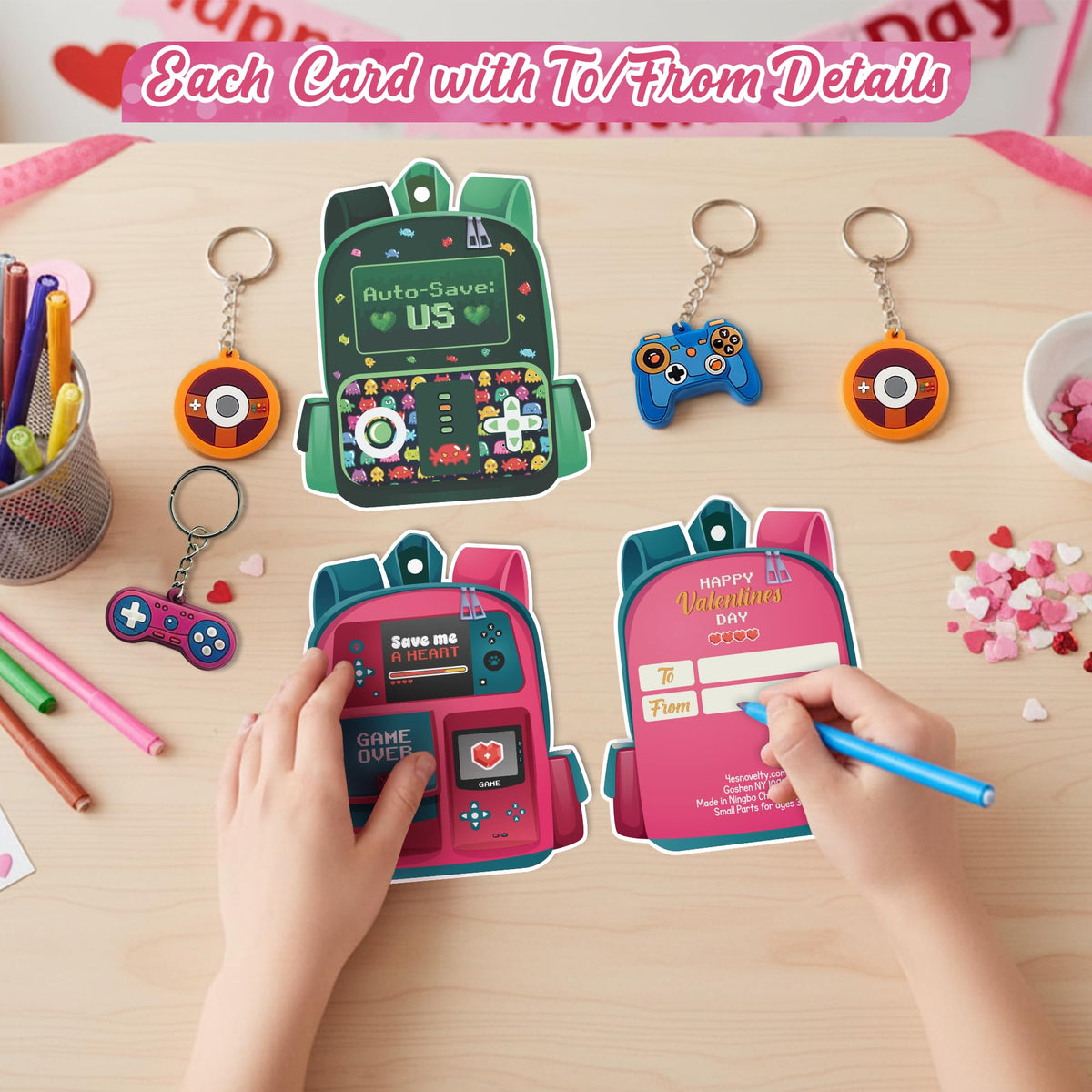 4E's Novelty 30 Pack Video Game Valentines Cards with Gamer Keychain | Classroom Valentines Bulk