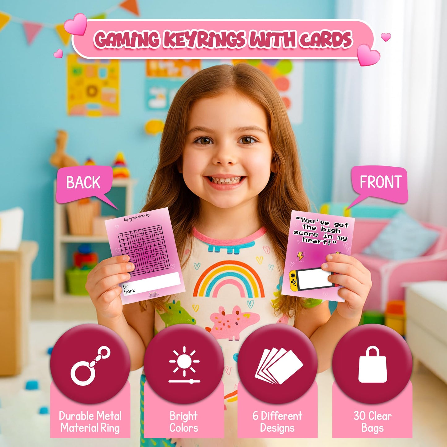4E's Novelty 30-Pack Video Game Valentines Cards with Gamer Keychain – Classroom Bulk Valentines for Kids