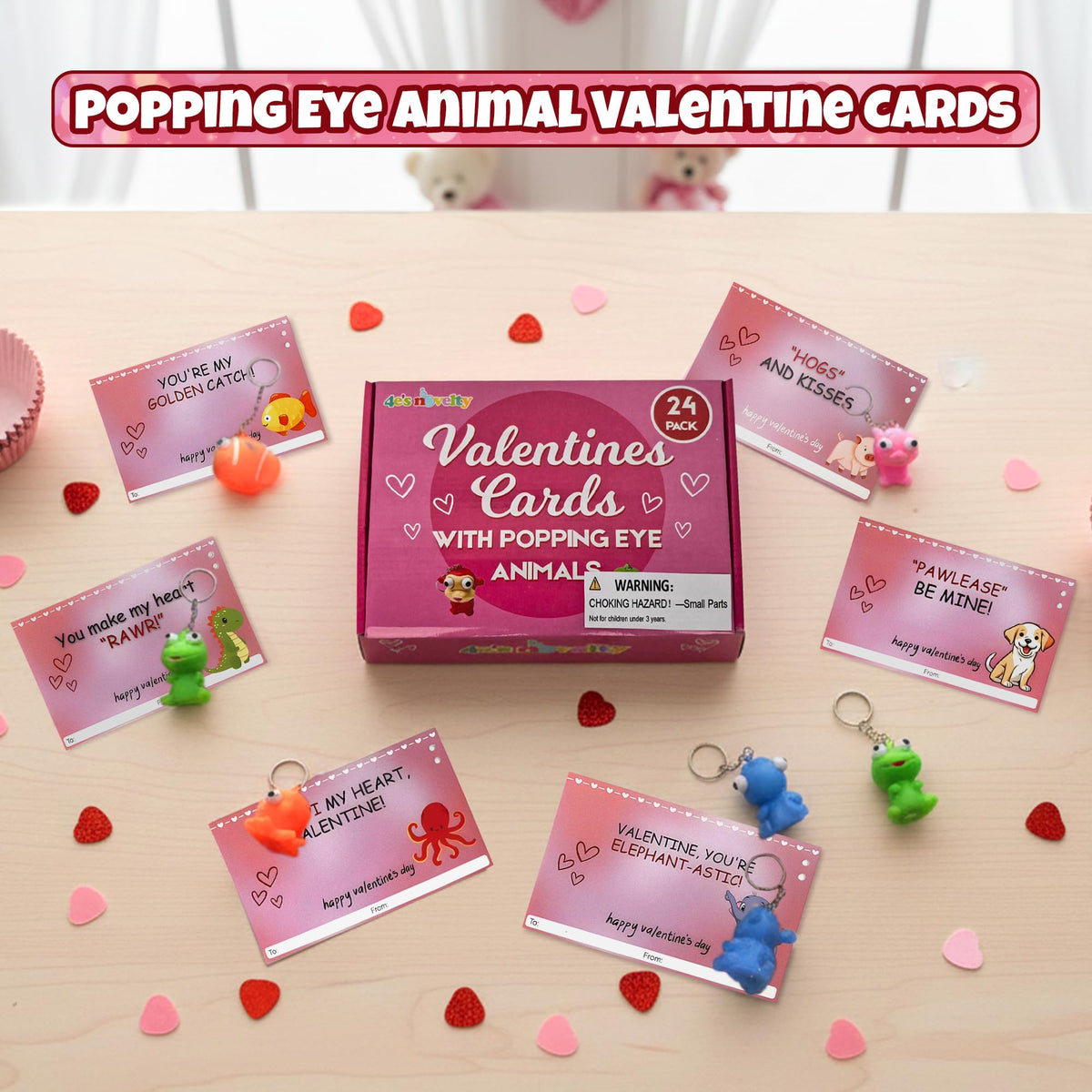 4E's Novelty 24 Pack Valentines Cards with Popping Eye Animals - Squeeze Toy Keychains & Cards for Kids