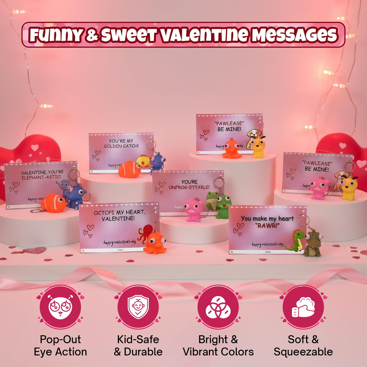 4E's Novelty 24 Pack Valentines Cards with Popping Eye Animals - Squeeze Toy Keychains & Cards for Kids