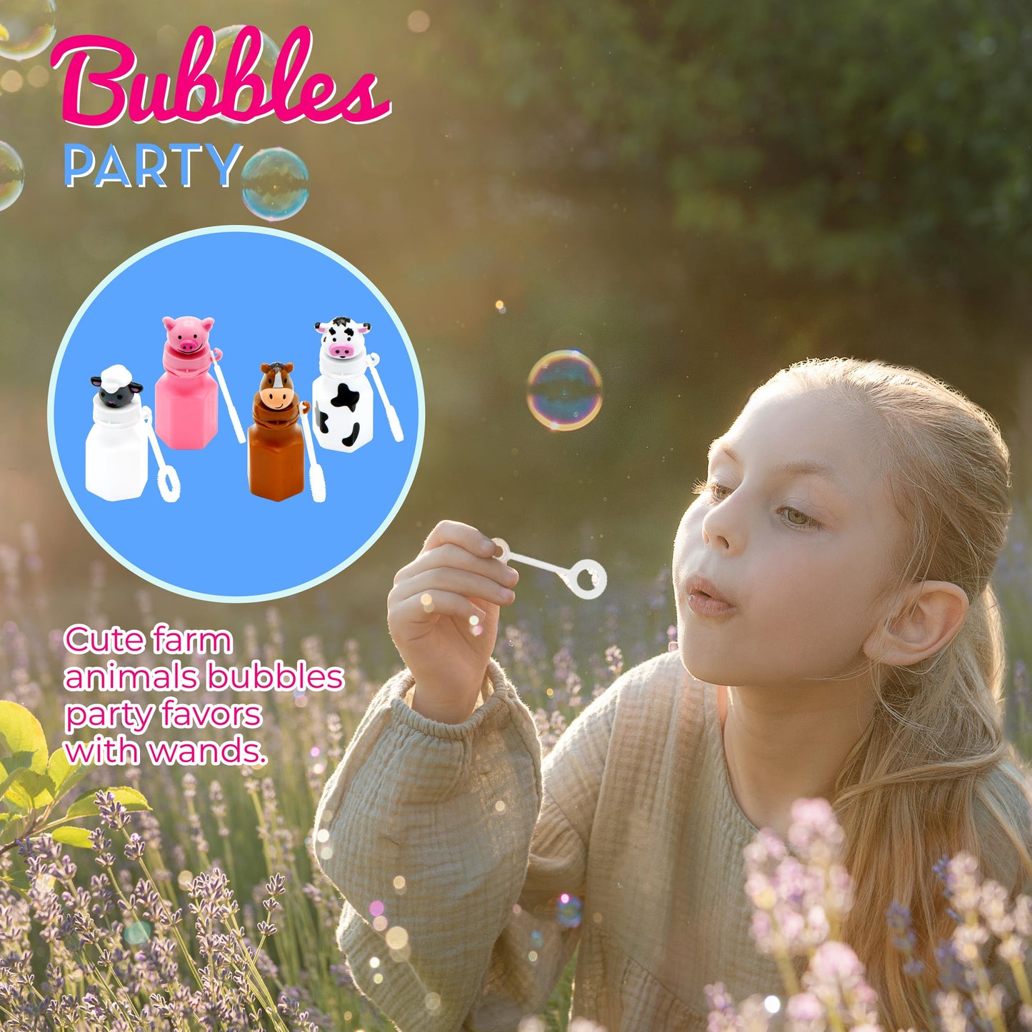 4E's Novelty Farm Animals Bubbles – 24 Pack Barnyard Party Favors with Wands (Horse, Sheep, Pig, Cow)